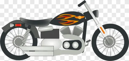 A stylized black motorcycle with an orange flame decal on a transparent background.