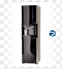 A black standing water dispenser with an ice maker on a transparent background.