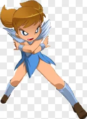 A cartoon girl with brown hair and a blue dress with white wings on a transparent background.