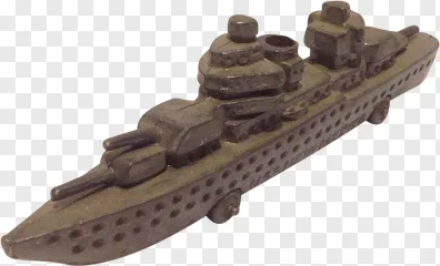 A vintage grey battleship model with detailed cannons on a transparent background.