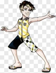 Anime boy dancing in a yellow shirt on a transparent background.