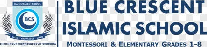 Blue Crescent School logo featuring a blue crescent moon and shield on a transparent background.