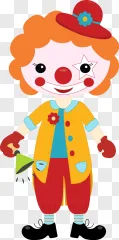 Cute cartoon clown girl with a red nose and star eye patch holding a juggling pin on a transparent background.