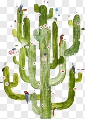 Illustrated green cactus with birds and flowers on a transparent background.