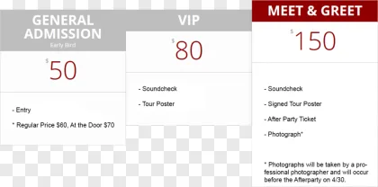A concert ticket pricing table showing general admission, VIP, and meet & greet options on a transparent background.