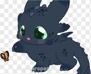 A cute blue dragon with green eyes and a butterfly on a transparent background.