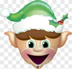 A smiling cartoon elf balloon head wearing a green hat with holly on a transparent background.