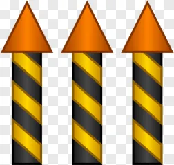 A set of three orange traffic cones with yellow and black striped poles on a transparent background.