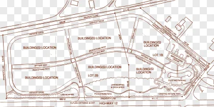 An orange architectural site plan diagram showing building locations and road networks on a transparent background.