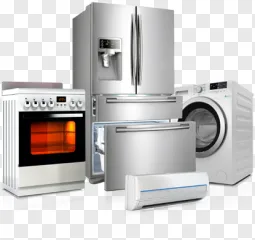 A collection of modern white home appliances on a transparent background.