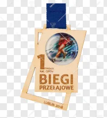 A wooden running medal with a blue ribbon on a transparent background.
